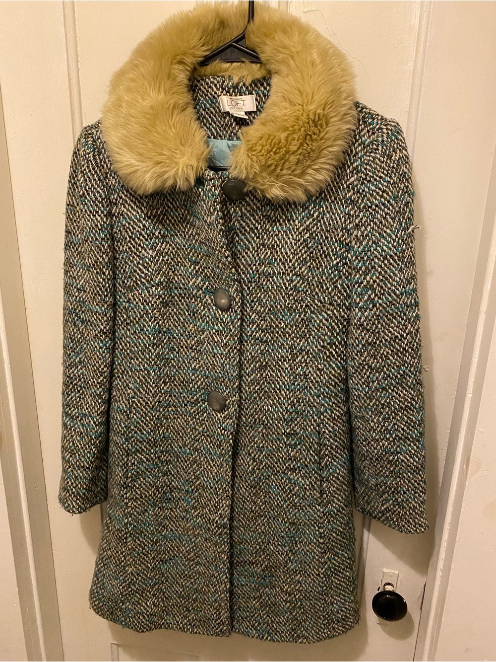 LOFT Bohemian Vintage Tweed Coat with Faux Fur Collar Size 2 Petite